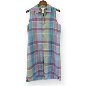 Jones New York 100% Linen Dress Size 12 Pastel Madras Plaid Button Up Sleeveless
